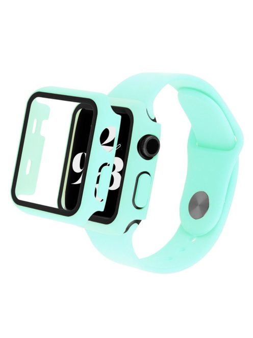 For Apple Watch SE (2022) 44mm / SE 44mm / 6 / 5 / 4 44mm Silicone Watch Strap + Full Cover Hard PC Watch Case with Tempered Glass Screen Protector - Cyan