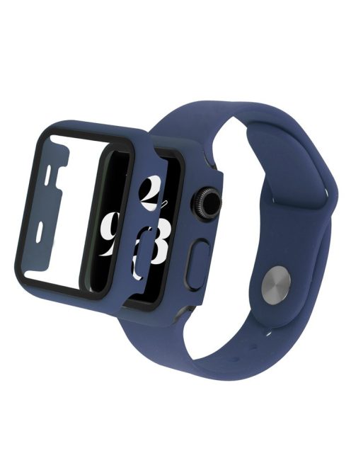 For Apple Watch SE (2022) 44mm / SE 44mm / 6 / 5 / 4 44mm Silicone Watch Strap + Full Cover Hard PC Watch Case with Tempered Glass Screen Protector - Dark Blue