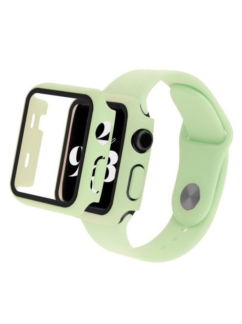 For Apple Watch SE (2022) 44mm / SE 44mm / 6 / 5 / 4 44mm Silicone Watch Strap + Full Cover Hard PC Watch Case with Tempered Glass Screen Protector - Light Green