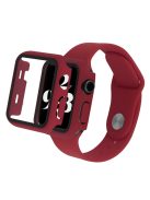 For Apple Watch SE (2022) 44mm / SE 44mm / 6 / 5 / 4 44mm Silicone Watch Strap + Full Cover Hard PC Watch Case with Tempered Glass Screen Protector - Wine Red