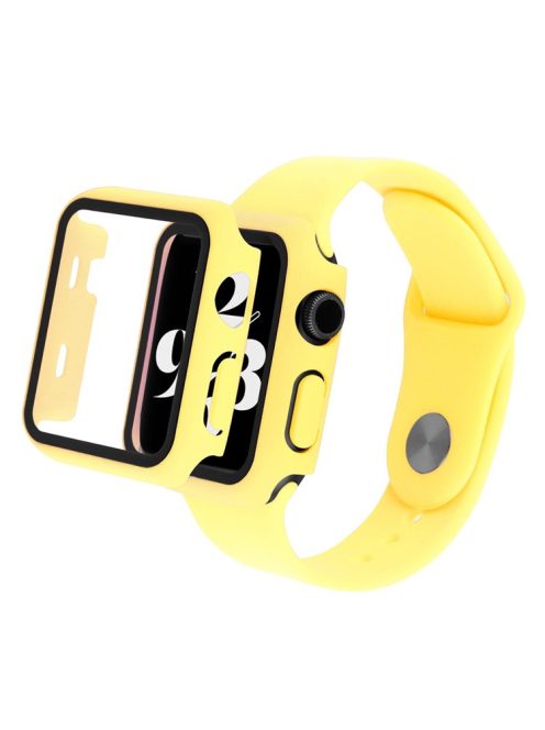 For Apple Watch SE (2022) 44mm / SE 44mm / 6 / 5 / 4 44mm Silicone Watch Strap + Full Cover Hard PC Watch Case with Tempered Glass Screen Protector - Yellow