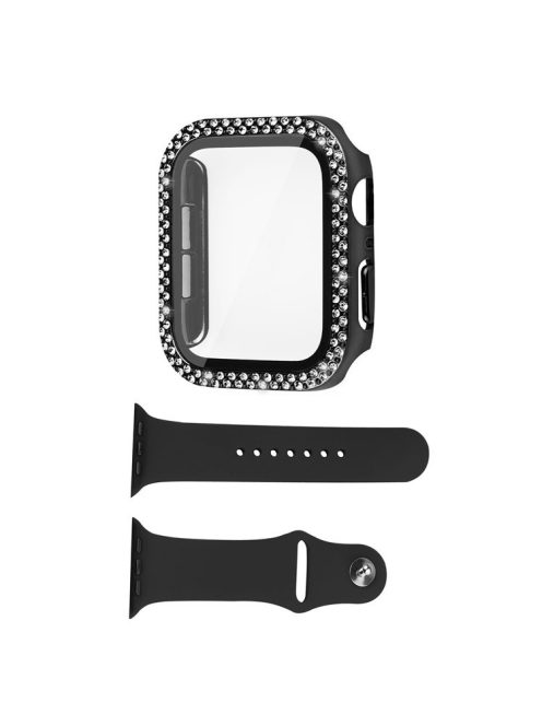 For Apple Watch SE (2022) 44mm / SE 44mm / Series 6 / 5 / 4 44mm Rhinestones Design PC Watch Case Protector with Tempered Glass Film + Black Silicone Strap - Black