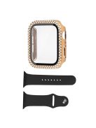 For Apple Watch SE (2022) 44mm / SE 44mm / Series 6 / 5 / 4 44mm Rhinestones Design PC Watch Case Protector with Tempered Glass Film + Black Silicone Strap - Gold