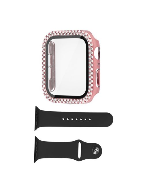 For Apple Watch SE (2022) 44mm / SE 44mm / Series 6 / 5 / 4 44mm Rhinestones Design PC Watch Case Protector with Tempered Glass Film + Black Silicone Strap - Rose Pink