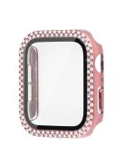 For Apple Watch SE (2022) 44mm / SE 44mm / Series 6 / 5 / 4 44mm Rhinestones Design PC Watch Case Protector with Tempered Glass Film + Black Silicone Strap - Rose Pink