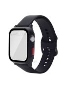 For Apple Watch SE / SE (2022) / Series 6 / 5 / 4 44mm Soft Silicone Replacement Strap with Rubberized PC Frame + Tempered Glass Screen Protector - Black