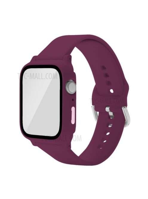 For Apple Watch SE / SE (2022) / Series 6 / 5 / 4 44mm Soft Silicone Replacement Strap with Rubberized PC Frame + Tempered Glass Screen Protector - Dark Red