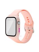 For Apple Watch SE / SE (2022) / Series 6 / 5 / 4 44mm Soft Silicone Replacement Strap with Rubberized PC Frame + Tempered Glass Screen Protector - Pink