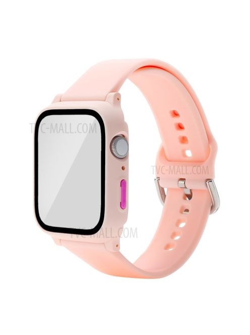 For Apple Watch SE / SE (2022) / Series 6 / 5 / 4 44mm Soft Silicone Replacement Strap with Rubberized PC Frame + Tempered Glass Screen Protector - Pink