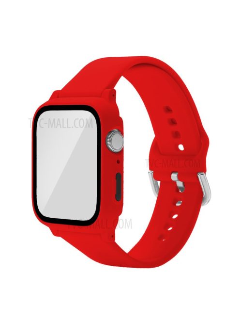 For Apple Watch SE / SE (2022) / Series 6 / 5 / 4 44mm Soft Silicone Replacement Strap with Rubberized PC Frame + Tempered Glass Screen Protector - Red