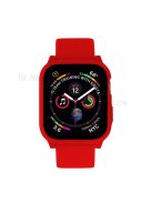 For Apple Watch SE / SE (2022) / Series 6 / 5 / 4 44mm Soft Silicone Replacement Strap with Rubberized PC Frame + Tempered Glass Screen Protector - Red