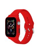 For Apple Watch SE / SE (2022) / Series 6 / 5 / 4 44mm Soft Silicone Replacement Strap with Rubberized PC Frame + Tempered Glass Screen Protector - Red