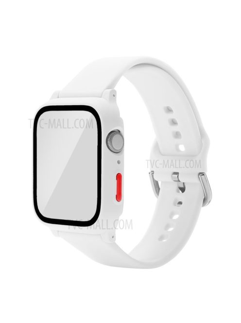 For Apple Watch SE / SE (2022) / Series 6 / 5 / 4 44mm Soft Silicone Replacement Strap with Rubberized PC Frame + Tempered Glass Screen Protector - White