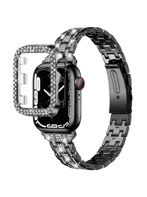 For Apple Watch SE / SE(2022) / Series 4 / 5 / 6 40mm 5 Rows Stainless Steel Rhinestone Decor Watch Band with Anti-scratch Hard PC Watch Case - Black