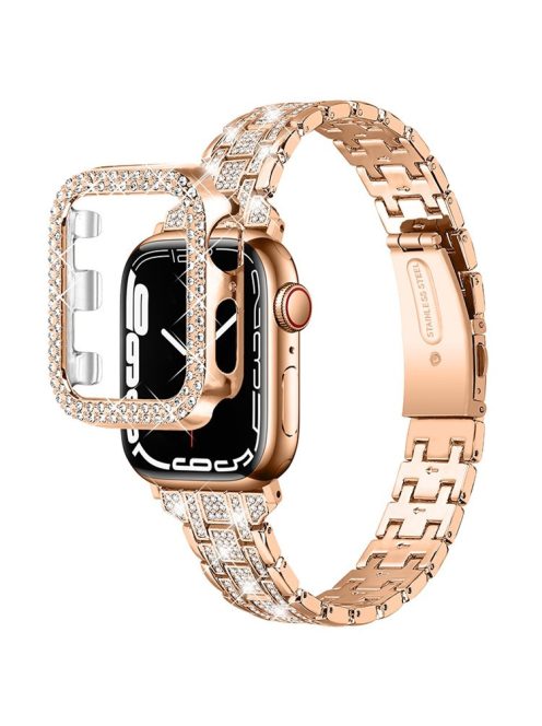 For Apple Watch SE / SE(2022) / Series 4 / 5 / 6 40mm 5 Rows Stainless Steel Rhinestone Decor Watch Band with Anti-scratch Hard PC Watch Case - Rose Gold