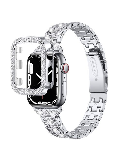 For Apple Watch SE / SE(2022) / Series 4 / 5 / 6 40mm 5 Rows Stainless Steel Rhinestone Decor Watch Band with Anti-scratch Hard PC Watch Case - Silver