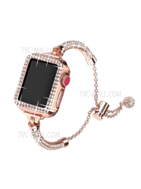 For Apple Watch SE / SE(2022) / Series 4 / 5 / 6 40mm Metal Stylish Rhinestone Decor Bracelet Wrist Strap Watch Band + Hollow Out PC Anti-scratch Watch Case - Rose Gold