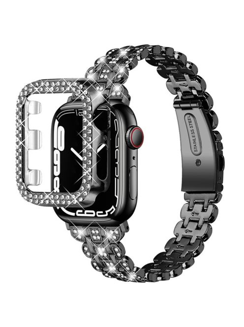 For Apple Watch SE / SE(2022) / Series 4 / 5 / 6 40mm Rhinestone Decor Watch Band Stainless Steel Wrist Strap with Hard PC Watch Case - Black