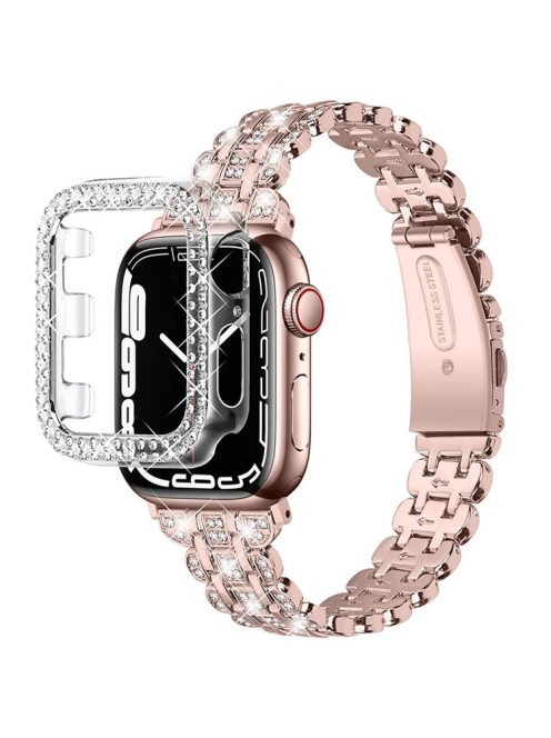 For Apple Watch SE / SE(2022) / Series 4 / 5 / 6 40mm Rhinestone Decor Watch Band Stainless Steel Wrist Strap with Hard PC Watch Case - Pink / Gold