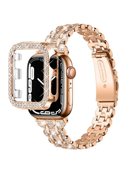 For Apple Watch SE / SE(2022) / Series 4 / 5 / 6 40mm Rhinestone Decor Watch Band Stainless Steel Wrist Strap with Hard PC Watch Case - Rose Gold