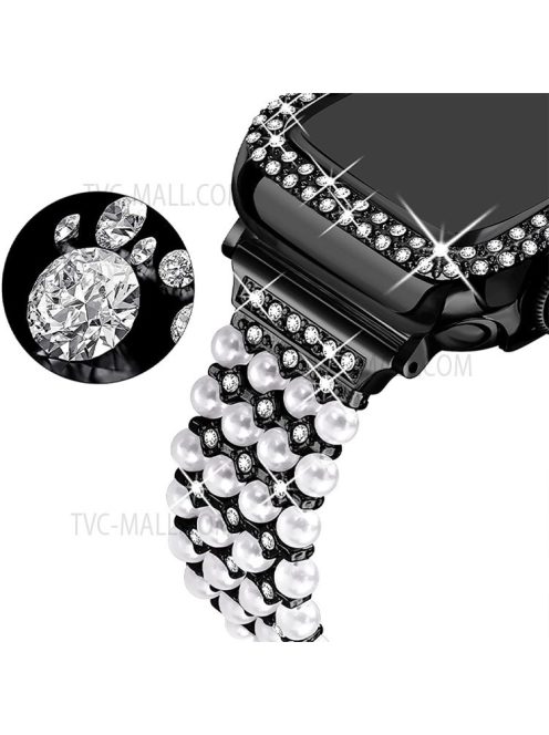 For Apple Watch SE / SE(2022) / Series 6 / 5 / 4 40mm Replacement Wrist Strap Pearl Rhinestone Decor Metal Bracelet Band + PC Anti-scratch Watch Case - Black