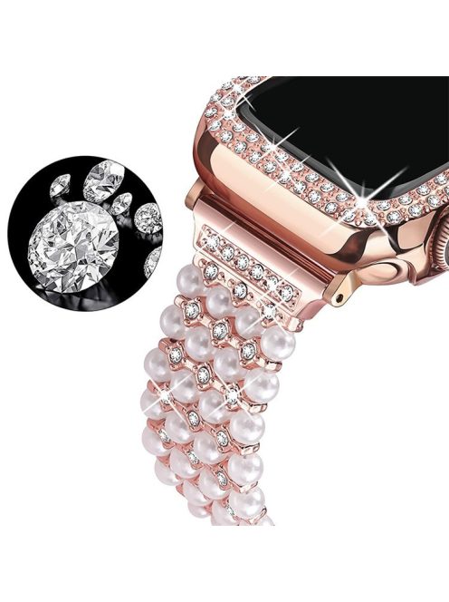 For Apple Watch SE / SE(2022) / Series 6 / 5 / 4 40mm Replacement Wrist Strap Pearl Rhinestone Decor Metal Bracelet Band + PC Anti-scratch Watch Case - Rose Gold