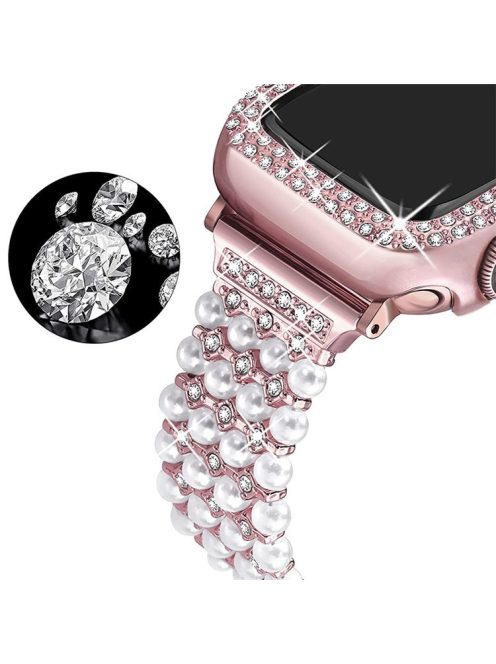 For Apple Watch SE / SE(2022) / Series 6 / 5 / 4 40mm Replacement Wrist Strap Pearl Rhinestone Decor Metal Bracelet Band + PC Anti-scratch Watch Case - Rose Pink