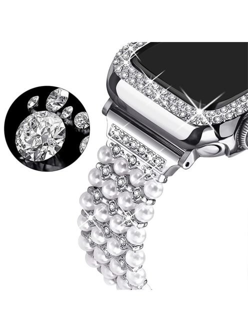 For Apple Watch SE 44mm / SE (2022) 44mm / Series 6 / 5 / 4 44mm Replacement Watch Band Faux Pearl Rhinestone Metal Strap + Protective PC Watch Case - Silver