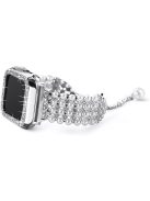 For Apple Watch SE 44mm / SE (2022) 44mm / Series 6 / 5 / 4 44mm Replacement Watch Band Faux Pearl Rhinestone Metal Strap + Protective PC Watch Case - Silver