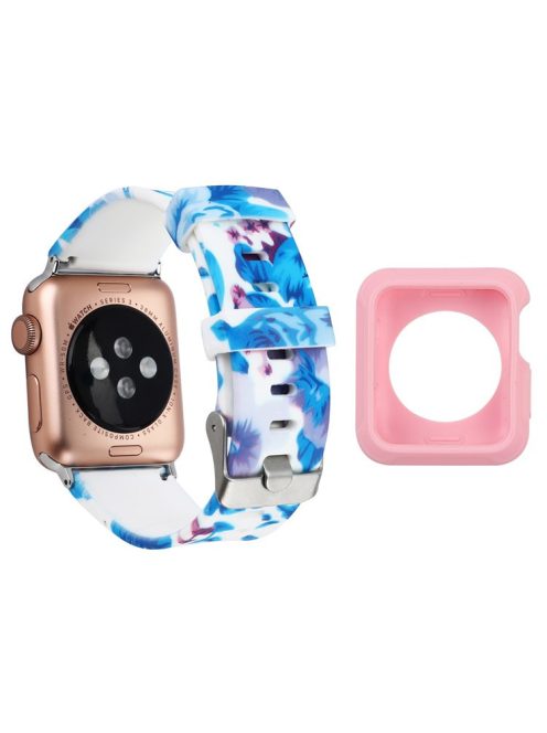 For Apple Watch Series 1 / 2 / 3 38mm Silicone Watch Band Pattern Printing Replacement Strap with Pink TPU Case - Style G