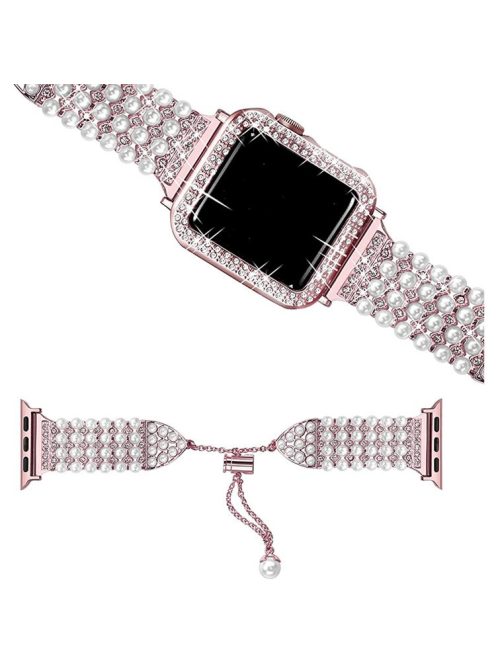 For Apple Watch Series 1 / 2 / 3 38mm Spare Watch Band Replacement Artificial Pearl Rhinestone Bracelet + Protective PC Watch Case - Rose Pink