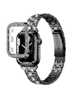   For Apple Watch Series 1 / 2 / 3 42mm 5 Rows Stainless Steel Fashion Rhinestone Decor Watch Band Replacement + PC Hollow-out Watch Case - Black