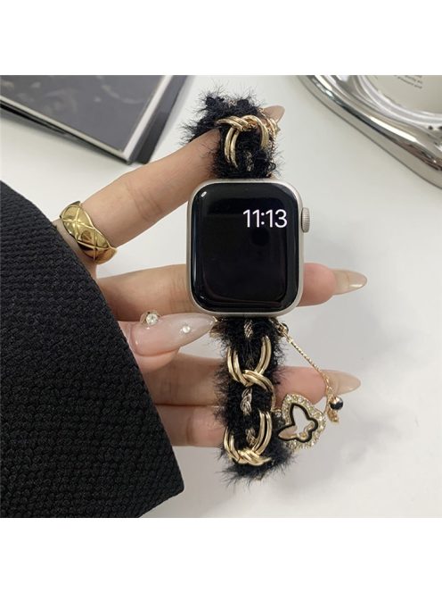 For Apple Watch Series 10 42mm / 9 8 7 41mm / 6 5 4 SE (2022) SE (2023) SE 40mm / 3 2 1 38mm Adjustable Plush Watch Strap - Black+Gold