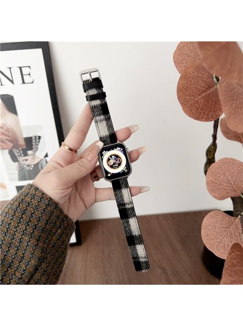 For Apple Watch Series 10 42mm / 9 8 7 41mm / 6 5 4 SE (2023) SE (2022) SE 40mm / 3 2 1 38mm Woolen Watch Band - Black White Grid