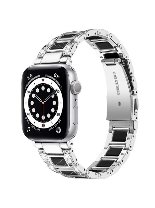 For Apple Watch Series 10 42mm / 9 8 7 41mm / 6 5 4 SE SE (2022) SE (2023) 40mm / 3 2 1 38mm Anti-Scratch Stainless Steel Resin Watch Band Rhinestone Decor Stylish Wrist Strap - Silver / Black