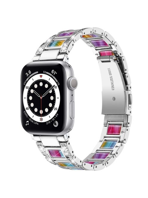 For Apple Watch Series 10 42mm / 9 8 7 41mm / 6 5 4 SE SE (2022) SE (2023) 40mm / 3 2 1 38mm Anti-Scratch Stainless Steel Resin Watch Band Rhinestone Decor Stylish Wrist Strap - Silver / Colorful