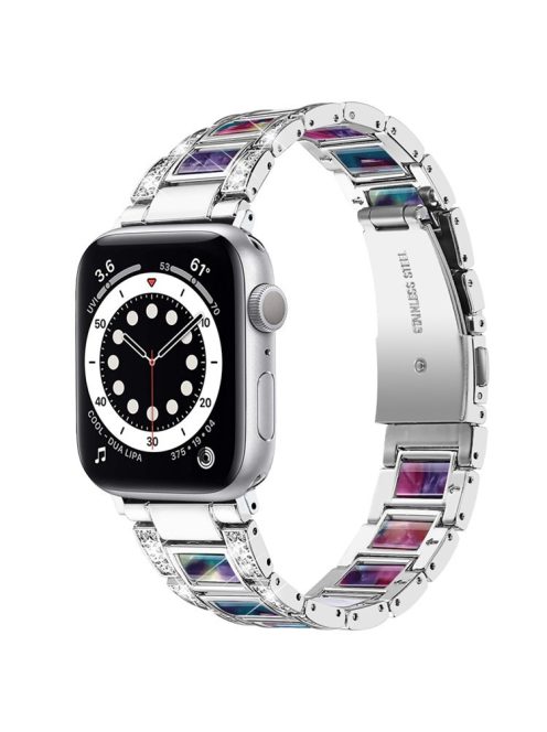 For Apple Watch Series 10 42mm / 9 8 7 41mm / 6 5 4 SE SE (2022) SE (2023) 40mm / 3 2 1 38mm Anti-Scratch Stainless Steel Resin Watch Band Rhinestone Decor Stylish Wrist Strap - Silver / Purple Green Mix