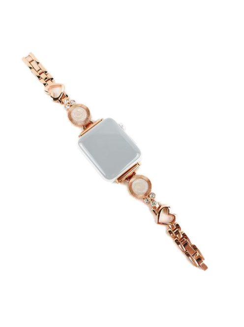 For Apple Watch Series 10 42mm / 9 8 7 41mm / 6 5 4 SE SE (2022) SE (2023) 40mm / 3 2 1 38mm Ethnic Style Metal Watch Band Heart Rhinestone Decor Bracelet Wrist Strap - Rose Gold