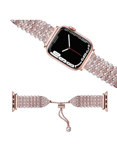 For Apple Watch Series 10 42mm / 9 8 7 41mm / 6 5 4 SE SE (2022) SE (2023) 40mm / 3 2 1 38mm Fashionable Pearls Rhinestone Decor Bracelet Metal Watch Band Replacement Wrist Strap - Rose Pink