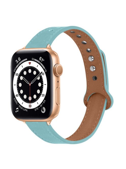 For Apple Watch Series 10 42mm / 9 8 7 41mm / 6 5 4 SE SE (2022) SE (2023) 40mm / 3 2 1 38mm Genuine Cowhide Leather Watch Band Double Rivet Replacement Strap with Connector - Baby Blue