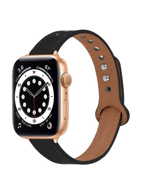 For Apple Watch Series 10 42mm / 9 8 7 41mm / 6 5 4 SE SE (2022) SE (2023) 40mm / 3 2 1 38mm Genuine Cowhide Leather Watch Band Double Rivet Replacement Strap with Connector - Black