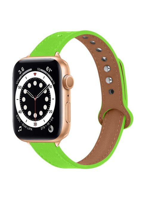 For Apple Watch Series 10 42mm / 9 8 7 41mm / 6 5 4 SE SE (2022) SE (2023) 40mm / 3 2 1 38mm Genuine Cowhide Leather Watch Band Double Rivet Replacement Strap with Connector - Fluorescent Green