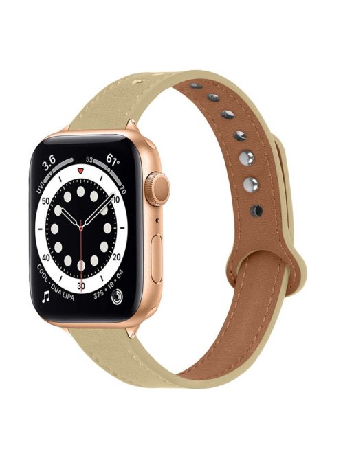 For Apple Watch Series 10 42mm / 9 8 7 41mm / 6 5 4 SE SE (2022) SE (2023) 40mm / 3 2 1 38mm Genuine Cowhide Leather Watch Band Double Rivet Replacement Strap with Connector - Light Apricot