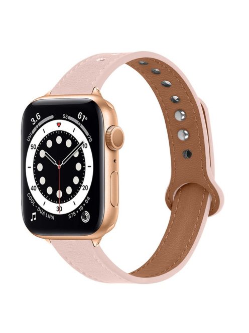 For Apple Watch Series 10 42mm / 9 8 7 41mm / 6 5 4 SE SE (2022) SE (2023) 40mm / 3 2 1 38mm Genuine Cowhide Leather Watch Band Double Rivet Replacement Strap with Connector - Light Pink