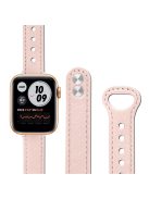 For Apple Watch Series 10 42mm / 9 8 7 41mm / 6 5 4 SE SE (2022) SE (2023) 40mm / 3 2 1 38mm Genuine Cowhide Leather Watch Band Double Rivet Replacement Strap with Connector - Light Pink