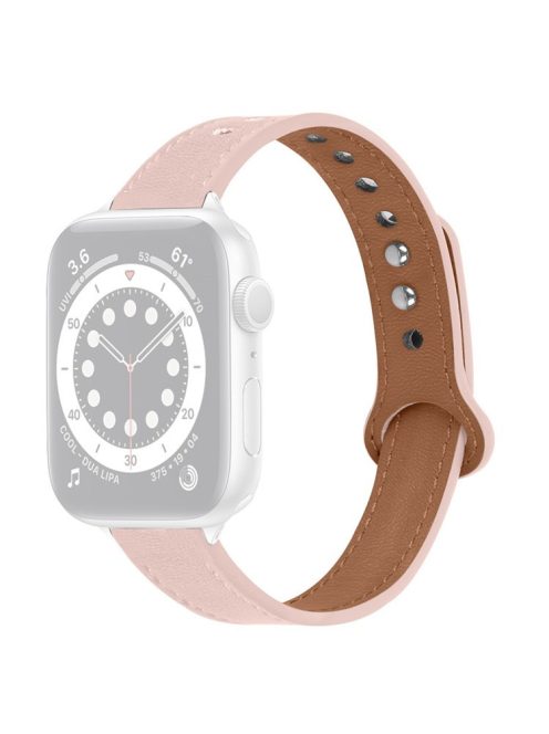 For Apple Watch Series 10 42mm / 9 8 7 41mm / 6 5 4 SE SE (2022) SE (2023) 40mm / 3 2 1 38mm Genuine Cowhide Leather Watch Band Double Snap Button Replacement Strap (Black Connector) - Light Pink