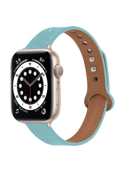 For Apple Watch Series 10 42mm / 9 8 7 41mm / 6 5 4 SE SE (2022) SE (2023) 40mm / 3 2 1 38mm Genuine Cowhide Leather Watch Band Double Snap Button Watch Strap (Retro Gold Connector) - Baby Blue