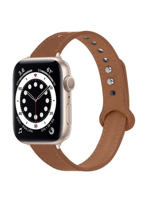 For Apple Watch Series 10 42mm / 9 8 7 41mm / 6 5 4 SE SE (2022) SE (2023) 40mm / 3 2 1 38mm Genuine Cowhide Leather Watch Band Double Snap Button Watch Strap (Retro Gold Connector) - Brown