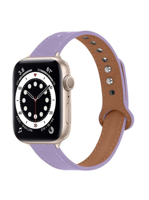 For Apple Watch Series 10 42mm / 9 8 7 41mm / 6 5 4 SE SE (2022) SE (2023) 40mm / 3 2 1 38mm Genuine Cowhide Leather Watch Band Double Snap Button Watch Strap (Retro Gold Connector) - Light Purple