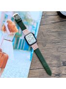 For Apple Watch Series 10 42mm / 9 8 7 41mm / 6 5 4 SE SE (2022) SE (2023) 40mm / 3 2 1 38mm Genuine Leather Pearl Rhinestone Decor Watch Band Wrist Strap - Blackish Green